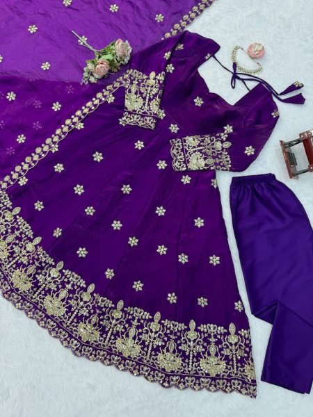 Radiant Purple Fendy Silk Anarkali Set with Embroidered Dupatta for Festive Celebrations Ready To Wear Collection
