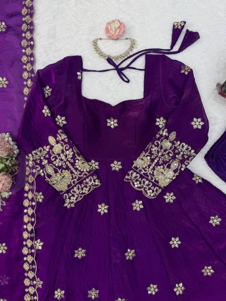 Radiant Purple Fendy Silk Anarkali Set with Embroidered Dupatta for Festive Celebrations Ready To Wear Collection