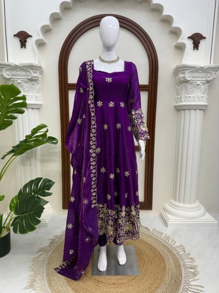 Radiant Purple Fendy Silk Anarkali Set with Embroidered Dupatta for Festive Celebrations Ready To Wear Collection