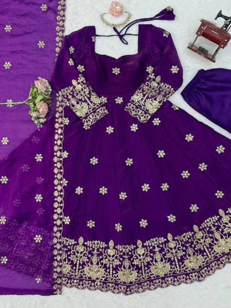 Radiant Purple Fendy Silk Anarkali Set with Embroidered Dupatta for Festive Celebrations Ready To Wear Collection