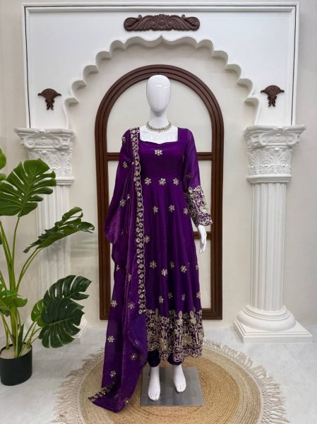 Radiant Purple Fendy Silk Anarkali Set with Embroidered Dupatta for Festive Celebrations Ready To Wear Collection