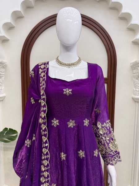 Radiant Purple Fendy Silk Anarkali Set with Embroidered Dupatta for Festive Celebrations Ready To Wear Collection