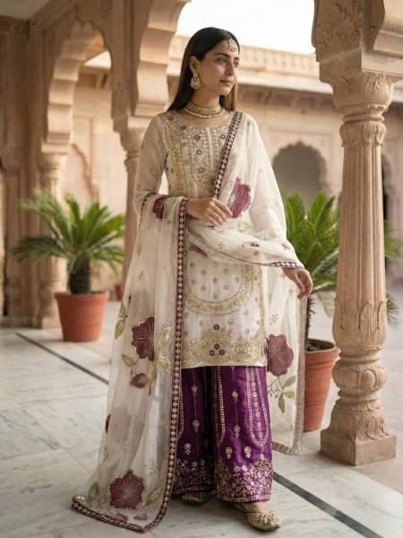 Radiant Purple Fendy Silk Sharara Suit with Beads Work at Manufacturer Rate Ready To Wear Suit