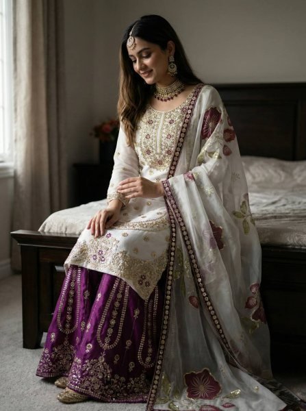 Radiant Purple Fendy Silk Sharara Suit with Beads Work at Manufacturer Rate Ready To Wear Collection