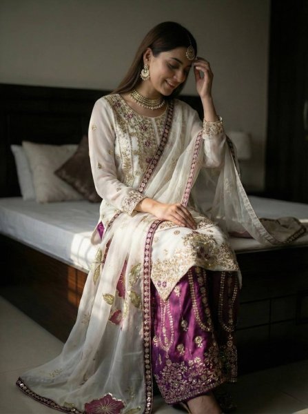 Radiant Purple Fendy Silk Sharara Suit with Beads Work at Manufacturer Rate Ready To Wear Collection