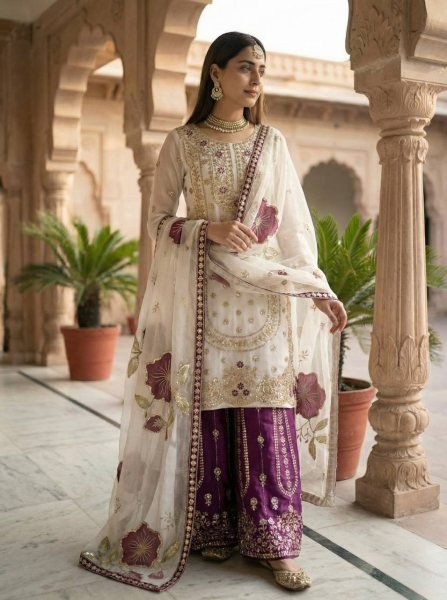 Radiant Purple Fendy Silk Sharara Suit with Beads Work at Manufacturer Rate Ready To Wear Collection
