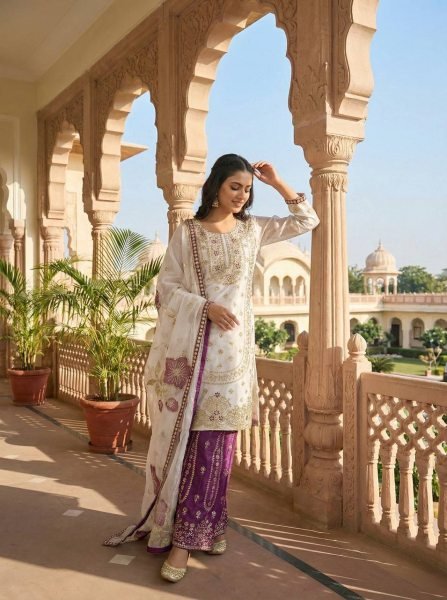 Radiant Purple Fendy Silk Sharara Suit with Beads Work at Manufacturer Rate Ready To Wear Collection