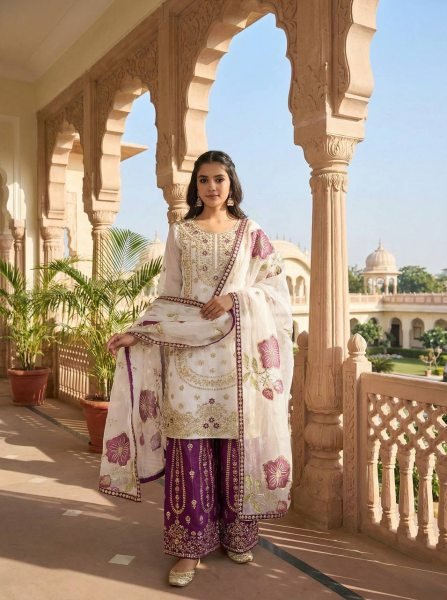 Radiant Purple Fendy Silk Sharara Suit with Beads Work at Manufacturer Rate Ready To Wear Collection