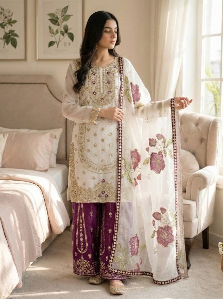 Radiant Purple Fendy Silk Sharara Suit with Beads Work at Manufacturer Rate Ready To Wear Collection