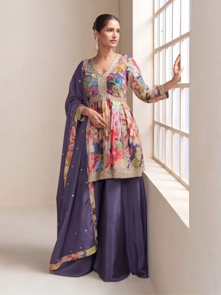 Radiant Purple Real Chinon 3 Piece Suit Set with Front and Back Embroidery Work at Wholesale Rate Salwar Kameez