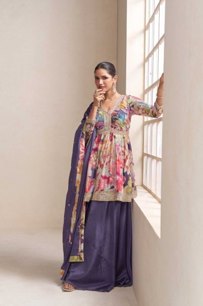 Radiant Purple Real Chinon 3 Piece Suit Set with Front and Back Embroidery Work at Wholesale Rate Designer Plazzo Salwar Suits Wholesale