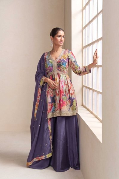 Radiant Purple Real Chinon 3 Piece Suit Set with Front and Back Embroidery Work at Wholesale Rate Designer Plazzo Salwar Suits Wholesale