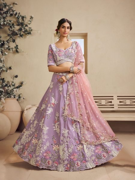 Radiant Purple Satin Silk Bridal Lehenga Choli with Sequins Embroidery Work and Dupatta 