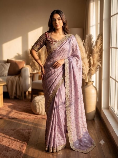 Radiant Purple Soft Space Silk Designer Saree with Heavy Sequence Work Blouse Designer Wedding Sarees Wholesale