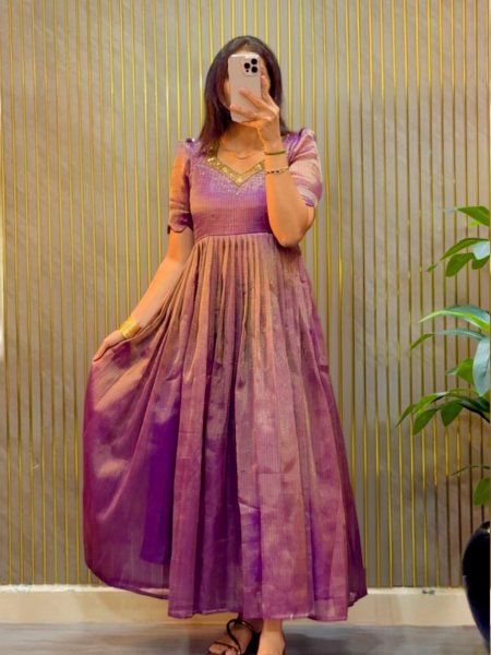 Radiant Purple Women's Kota Tissue Silk Long Gown with Micro Cotton Lining Kurtis
