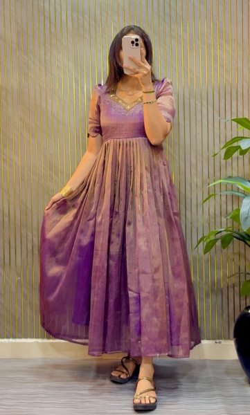 Radiant Purple Women's Kota Tissue Silk Long Gown with Micro Cotton Lining Anarkali Kurtis 