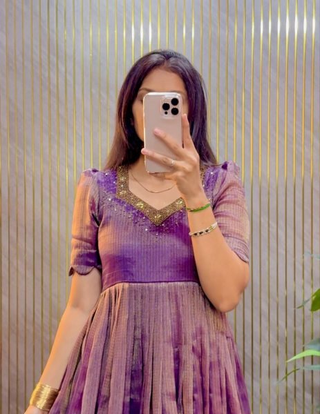 Radiant Purple Women's Kota Tissue Silk Long Gown with Micro Cotton Lining Anarkali Kurtis 