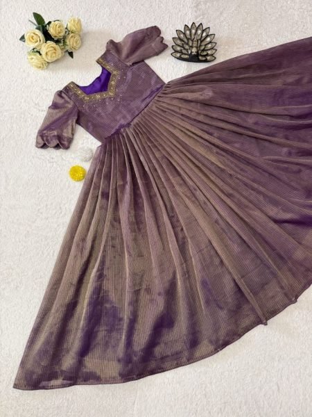 Radiant Purple Women's Kota Tissue Silk Long Gown with Micro Cotton Lining Anarkali Kurtis 