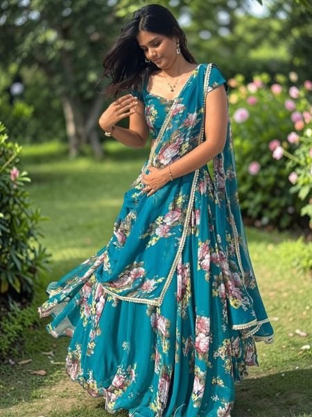 Radiant Rama Designer Georgette Lehenga Saree with Digital Print at Wholesale Rate Sarees 