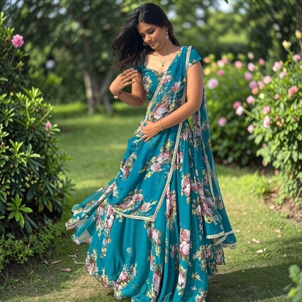 Radiant Rama Designer Georgette Lehenga Saree with Digital Print at Wholesale Rate Ready To Wear Saree 