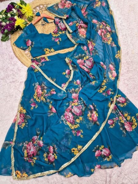 Radiant Rama Designer Georgette Lehenga Saree with Digital Print at Wholesale Rate Ready To Wear Saree 