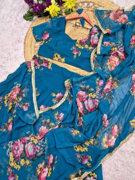 Radiant Rama Designer Georgette Lehenga Saree with Digital Print at Wholesale Rate Ready To Wear Saree 