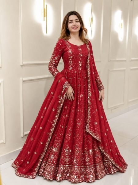 Radiant Red Designer Fendy Gown with Heavy Embroidery and Sequin Work at Manufacturer  