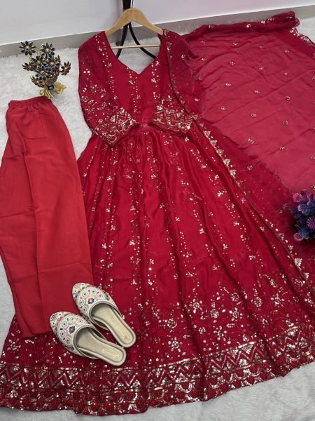 Radiant Red Designer Fendy Gown with Heavy Embroidery and Sequin Work at Manufacturer  Ready To Wear Collection