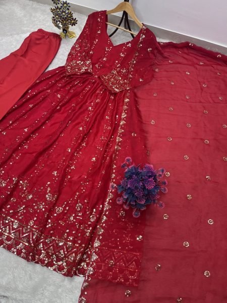 Radiant Red Designer Fendy Gown with Heavy Embroidery and Sequin Work at Manufacturer  Ready To Wear Collection