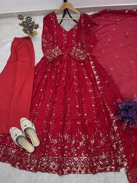 Radiant Red Designer Fendy Gown with Heavy Embroidery and Sequin Work at Manufacturer  Ready To Wear Collection