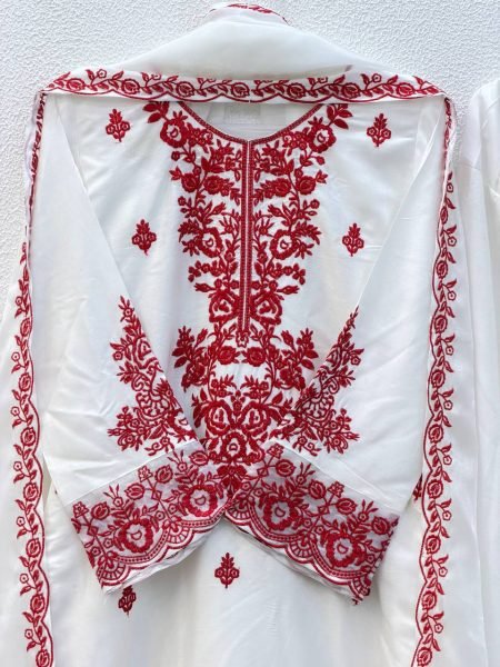 Daily Comfortable Wear Red Embroidery Thread Work Farshi Plazzo With Four Side Lace Border Dupatta For Special occasions  Ready To Wear Collection