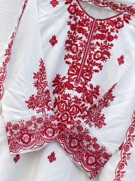 Daily Comfortable Wear Red Embroidery Thread Work Farshi Plazzo With Four Side Lace Border Dupatta For Special occasions  Ready To Wear Collection
