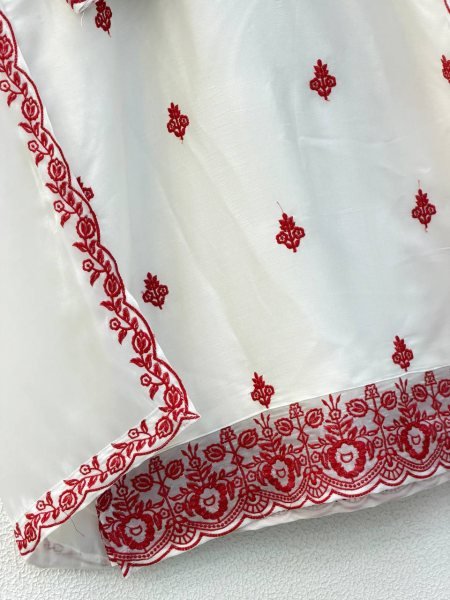 Daily Comfortable Wear Red Embroidery Thread Work Farshi Plazzo With Four Side Lace Border Dupatta For Special occasions  Ready To Wear Collection