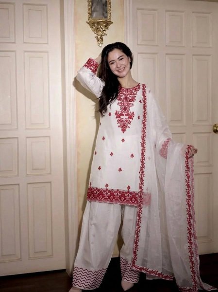 Daily Comfortable Wear Red Embroidery Thread Work Farshi Plazzo With Four Side Lace Border Dupatta For Special occasions  Ready To Wear Collection