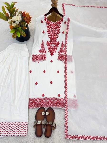 Daily Comfortable Wear Red Embroidery Thread Work Farshi Plazzo With Four Side Lace Border Dupatta For Special occasions  Ready To Wear Collection