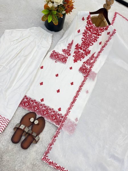 Daily Comfortable Wear Red Embroidery Thread Work Farshi Plazzo With Four Side Lace Border Dupatta For Special occasions  Ready To Wear Collection