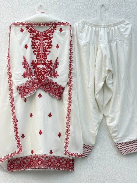 Daily Comfortable Wear Red Embroidery Thread Work Farshi Plazzo With Four Side Lace Border Dupatta For Special occasions  Ready To Wear Collection