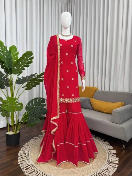 Radiant Red Faux Georgette Sharara Suit with Lace Dupatta for Diwali Party Collection Ready To Wear Collection