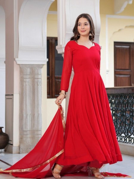 Radiant Red Georgette Anarkali Set with Lace Dupatta &  Pant Ready to Wear  Kurtis