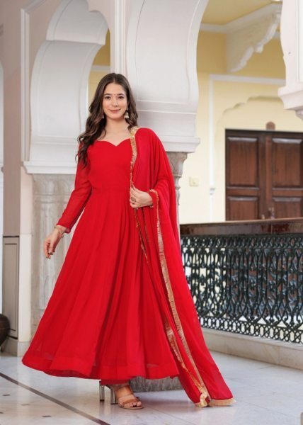 Radiant Red Georgette Anarkali Set with Lace Dupatta &  Pant Ready to Wear  Anarkali Kurtis 