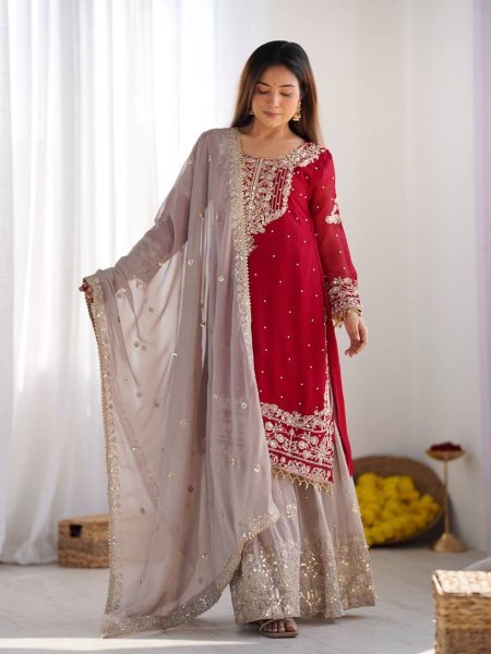 Radiant Red Palazzo Suit with Moti Detailing Perfect for Wedding Celebrations Ready To Wear Suit