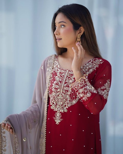 Radiant Red Palazzo Suit with Moti Detailing Perfect for Wedding Celebrations Ready To Wear Collection