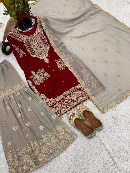Radiant Red Palazzo Suit with Moti Detailing Perfect for Wedding Celebrations Ready To Wear Collection