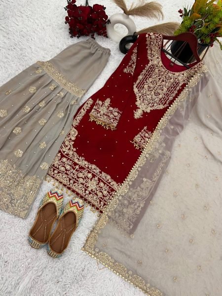 Radiant Red Palazzo Suit with Moti Detailing Perfect for Wedding Celebrations Ready To Wear Collection