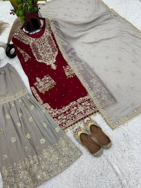 Radiant Red Palazzo Suit with Moti Detailing Perfect for Wedding Celebrations Ready To Wear Collection