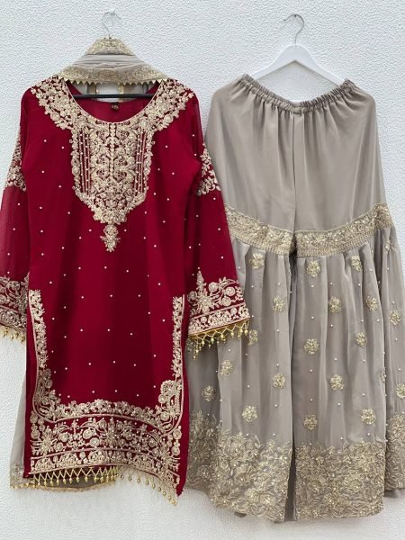 Radiant Red Palazzo Suit with Moti Detailing Perfect for Wedding Celebrations Ready To Wear Collection