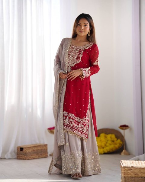 Radiant Red Palazzo Suit with Moti Detailing Perfect for Wedding Celebrations Ready To Wear Collection