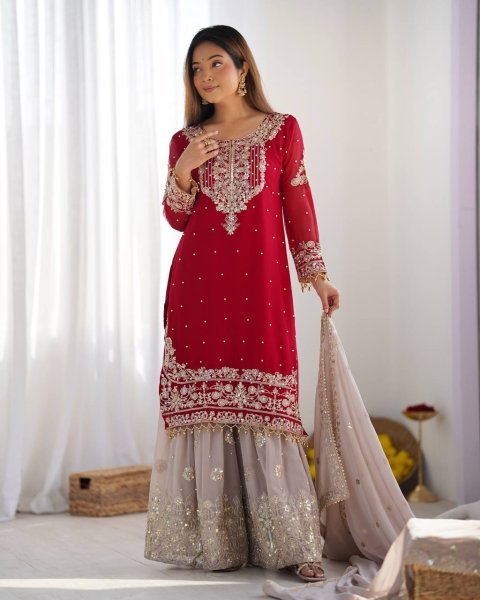 Radiant Red Palazzo Suit with Moti Detailing Perfect for Wedding Celebrations Ready To Wear Collection