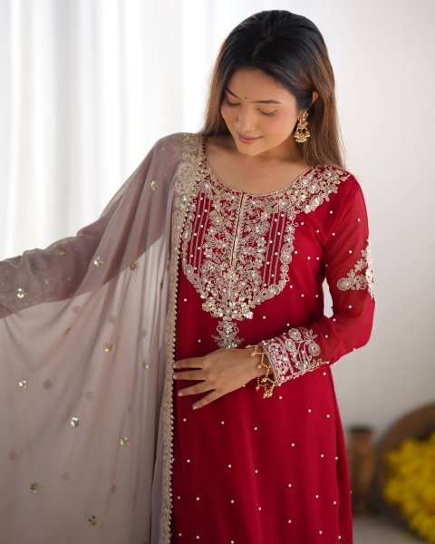 Radiant Red Palazzo Suit with Moti Detailing Perfect for Wedding Celebrations Ready To Wear Collection