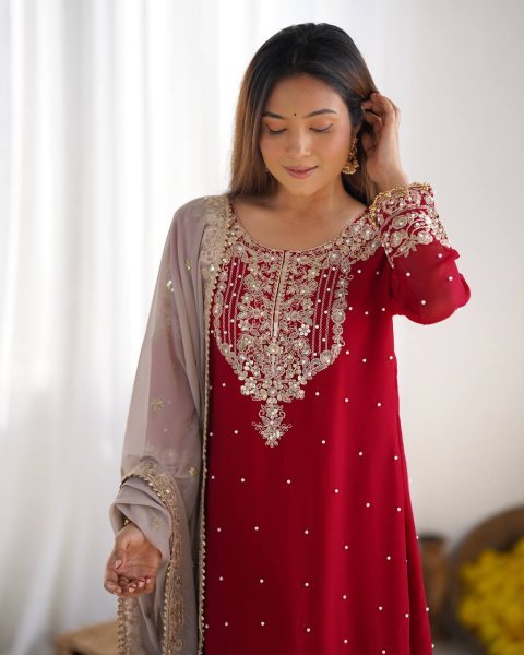 Radiant Red Palazzo Suit with Moti Detailing Perfect for Wedding Celebrations Ready To Wear Collection
